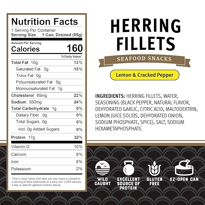 Brunswick Herring Fillets in Lemon & Cracked Pepper, 3.53 oz Can - 15g Protein per Serving - Gluten Free, Keto Friendly - Great for Pasta & Seafood Recipes (Pack of 5)