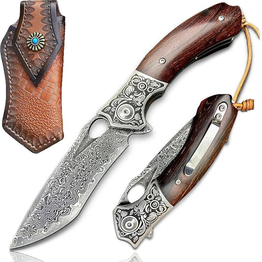 TACTICAL GEARZ Damascus Pocket Folding Knife, Natural Rosewood Handle, Damascus Steel Blade, Includes Custom Stitched Leather Sheath (Reno XT)