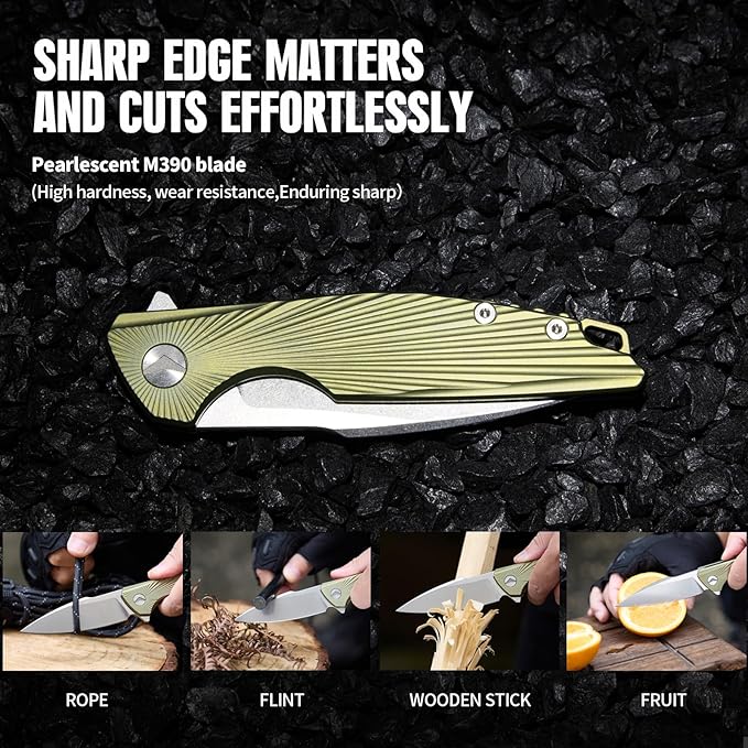 Folding Pocket Knife,EDC Knife,M390 Steel Blade,Titanium Carbon Fiber Handle,Tactical/Outdoor Camping/Survival/HuntingKnife (Golden)