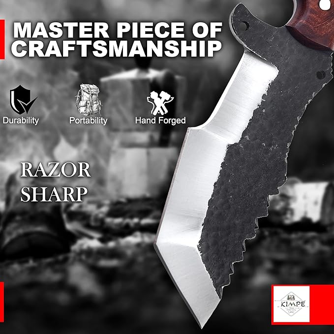 KIMPE 10.5?™â€?Hand-Forged Spring Steel Hunting Knife with Leather Sheath-Fixed Blade EDC Knife-Bushcraft Knives-Rose Wood Handle-Best Camping & Survival Knives-Knives for Men. (Spring Steel & Rose Wood)