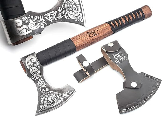 Viking Axe – 19 Inch Rosewood Handle Camping with Leather Sheath, Throwing Axes and Tomahawks, Wood Splitting Axe, Bushcraft - Gift for Father’s Day, Husband (Erik) BLACK