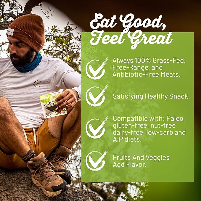 Wild Zora Meat & Veggie Bars, Variety 5-Pack, Natural Pork, Beef, Lamb, & Turkey Jerky Snacks, Healthy Paleo Snacks, AIP Friendly Options, Gluten Free, Soy Free, High Protein, No Added Sweetener