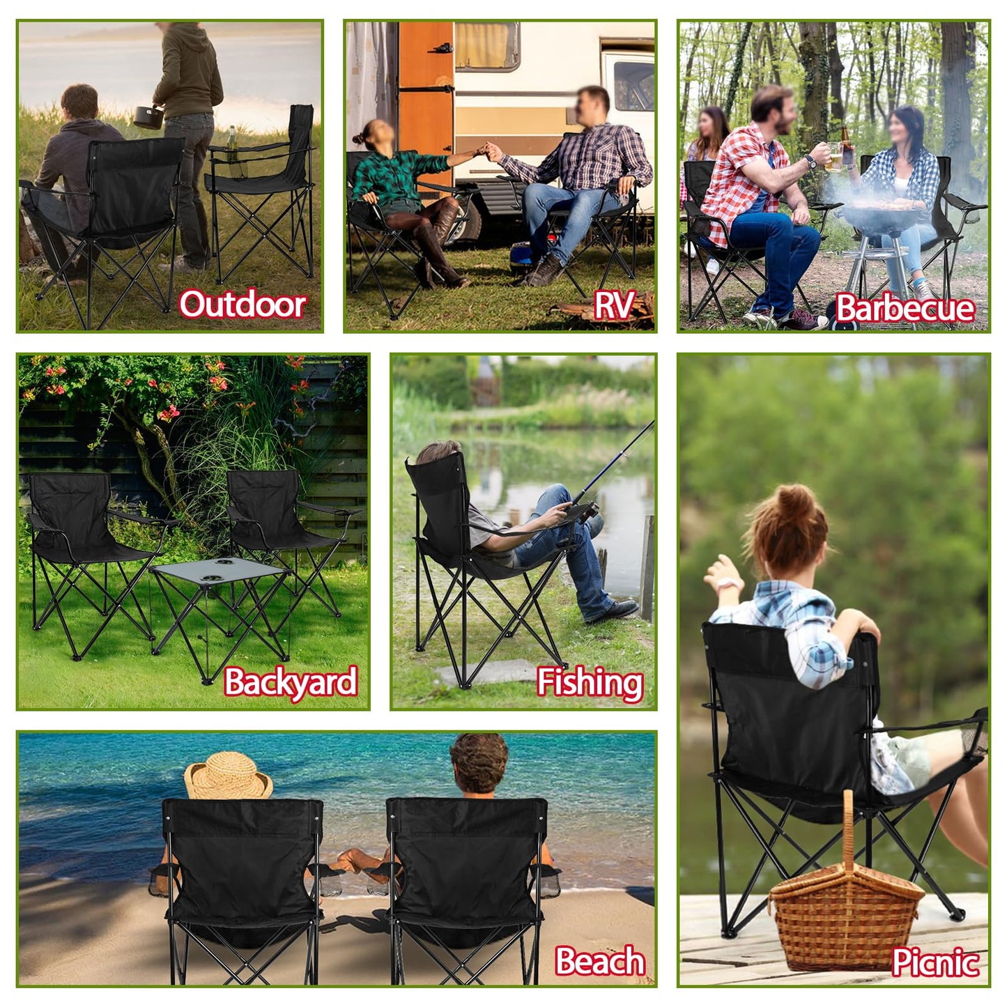 HaSteeL Folding Camping Chair Set of 3, Foldable Black Camp Chairs & Grey Table, Large Lawn Chair