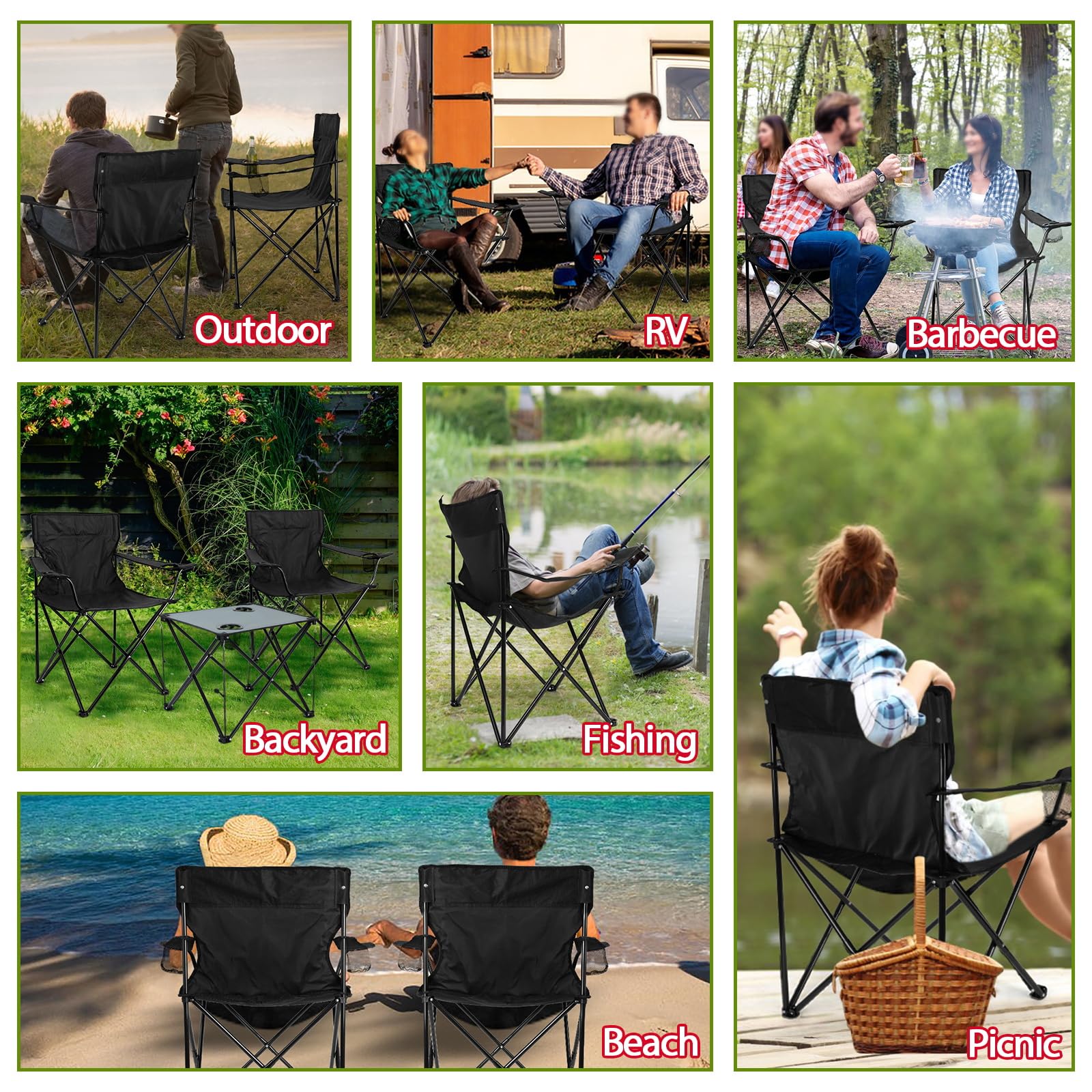HaSteeL Folding Camping Chair Set of 3, Foldable Black Camp Chairs & Grey Table, Large Lawn Chair