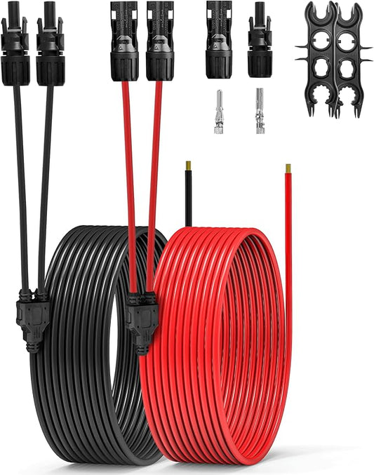 20FT 10AWG Solar Panel Extension Cable with Integrated Y Branch Parallel PV Adapter, 6mm² MC4 Solar Extension Cable with Extra Pair of Connectors and Spanners for Solar Panel (20FT Red+20FT Black)