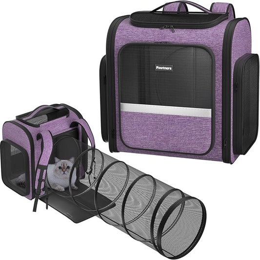 Pawtners Cat Backpack Carrier, Large Space Dog Backpack with Breathable Mesh, Expandable Pet Carrier Backpack for Small Medium Kitten Puppy Up to 18 Lbs, Suitable for Travel Hiking Camping Shopping