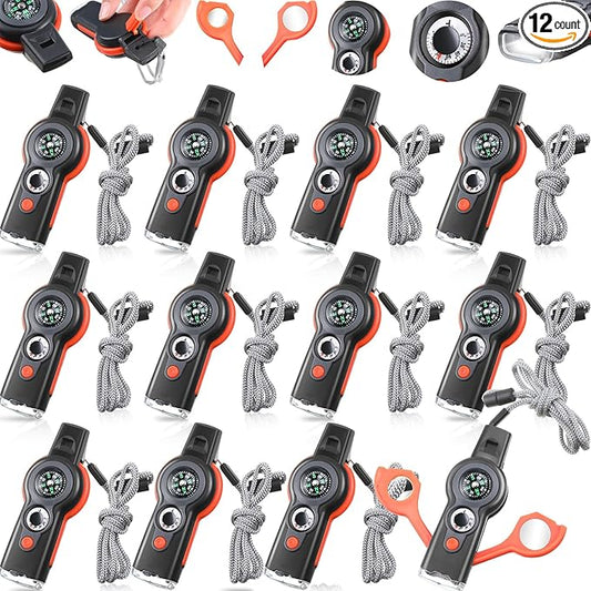 12 Pack Emergency Survival Function Whistle 7-in-1 Compass Hiking Survival Safety Whistle with Lanyard Outdoor Multifunctional Tool Ideal for Hiking Camping Rescue Signaling