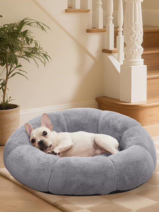 OhGeni 31 inches Calming Donut Orthopedic Dog & Cat Bed for Medium Pets, Warming Comfort Fluffy Short Pile Fur, Durable Waterproof Machine Washable Removable Cover, Round Bed for Puppy, Light Gray