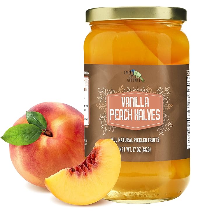 Green Jay Gourmet Vanilla Peaches in a Pint Jar - Fresh Hand Jarred Fruit for Cooking & Pantry ??Home Grown Pre-Prepared Pickled Peaches With Bourbon Vanilla Bean ??All Natural Ingredients - 17 Ounces