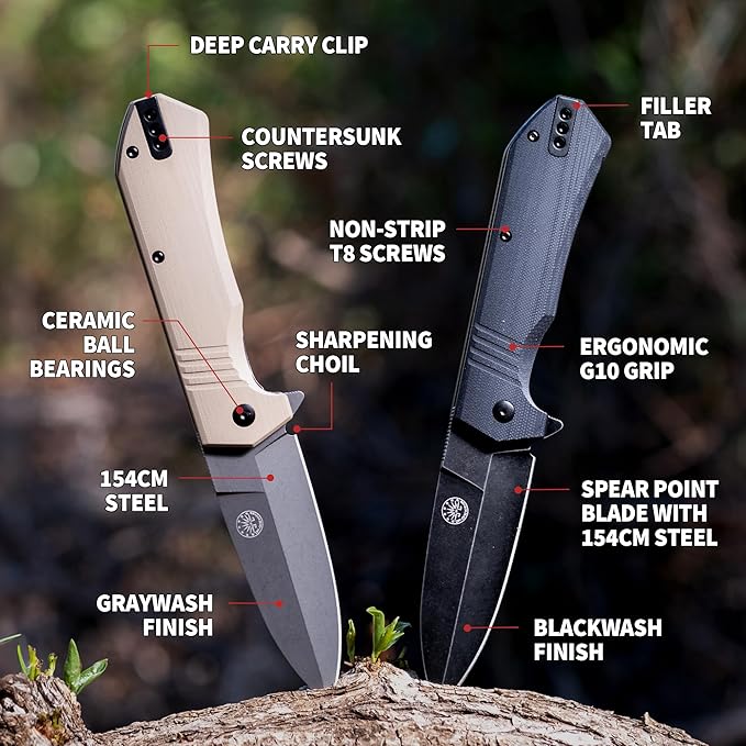 Off-Grid Knives - Stinger XL Folding Knife w. Spear Point Blade, Crucible 154CM Steel, G10 Scales, Deep Carry Clip (Coyote)