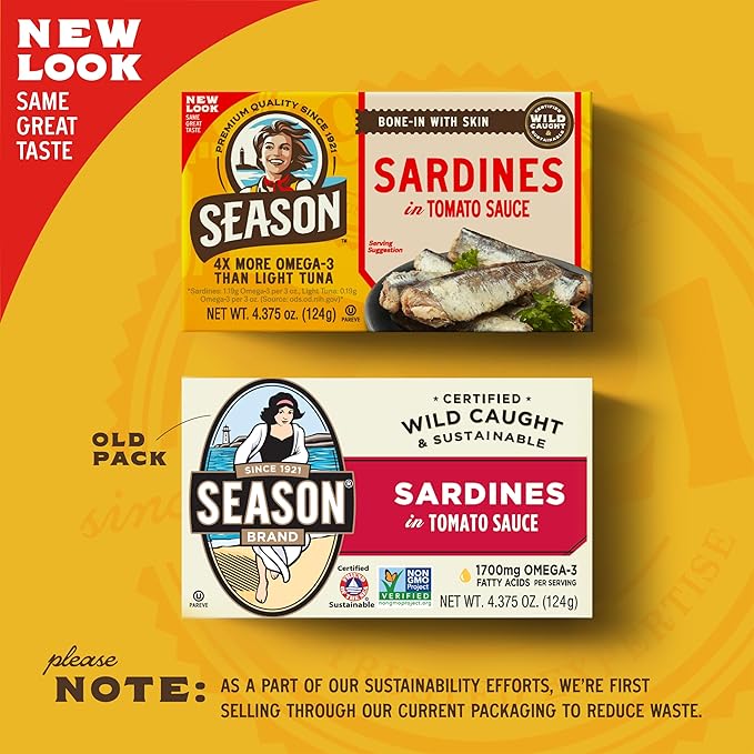 Season Sardines in Tomato Sauce - Wild Caught, 22g of Protein, Keto Snacks, More Omega 3's Than Tuna, Kosher, High in Calcium, Canned Sardines - 4.37 Oz Tins, 12-Pack