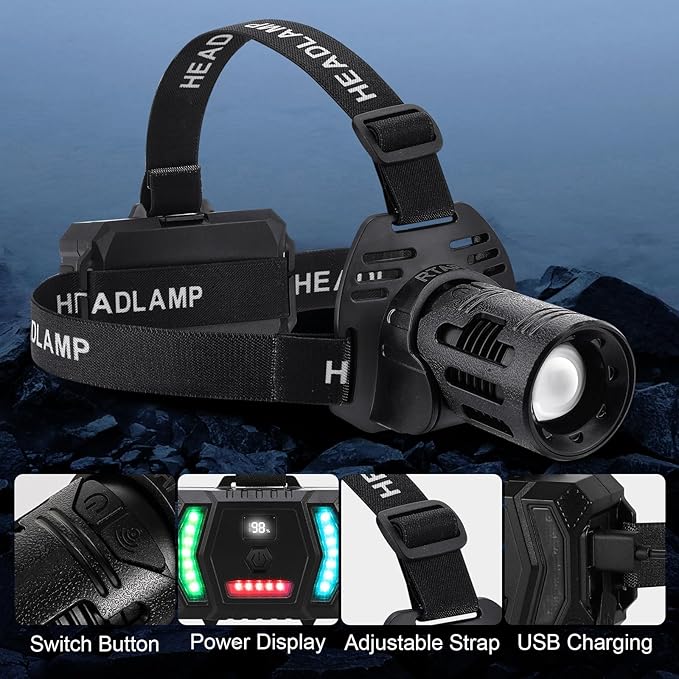 Head Lamps Led Rechargeable, Multi-Color Lights, Wave Induction, Zoom Function, Black,Flashlight for Camping Fishing Hiking Gear