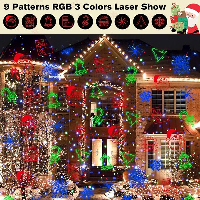 Laser Christmas Projector Lights Outdoor, 3 Colors RGB Christmas Laser Lights Outdoor Waterproof, Christmas Decorations Indoor Outdoor, Holiday Laser Light Projector for Home Garden Yard