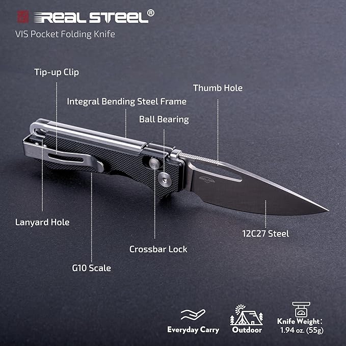REALSTEEL VIS Pocket Knife, Folding Knife, Crossbar Lock, 2.72" Small 12C27 Steel Satin Plain Blade, Thumb Hole, G10 Handle, 1.94oz, Pocket Clip, Versatile Outdoor Indoor EDC Knife, Gifts for Men Women Camping Hiking Fishing Climbing (Black G10/Satin)