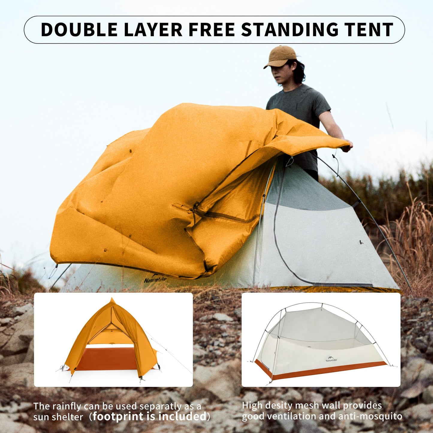 Naturehike Cloud up Base Backpacking Tent, Waterproof Lightweight 2 Person Tent for Camping, Double