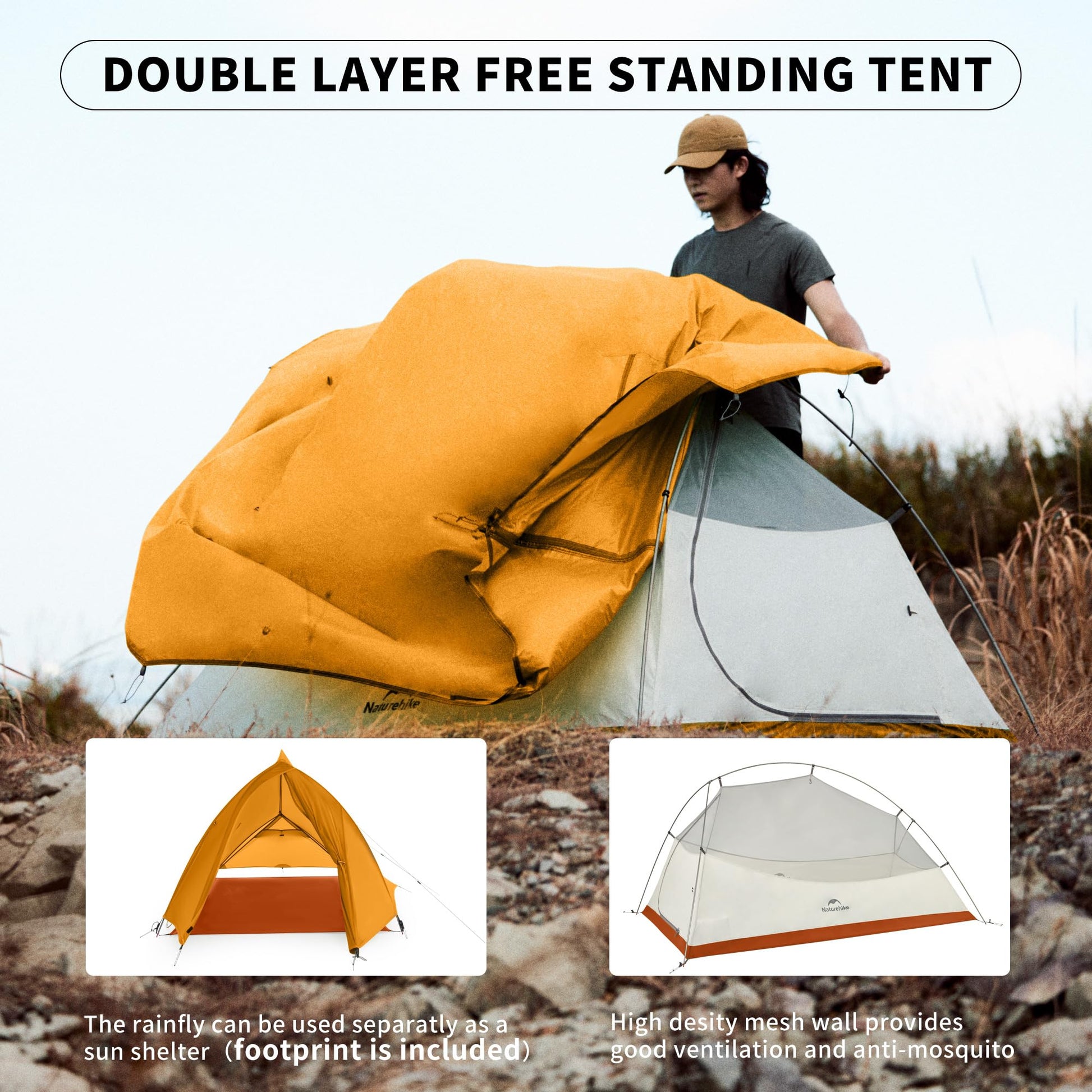 Naturehike Cloud up Base Backpacking Tent, Waterproof Lightweight 2 Person Tent for Camping, Double