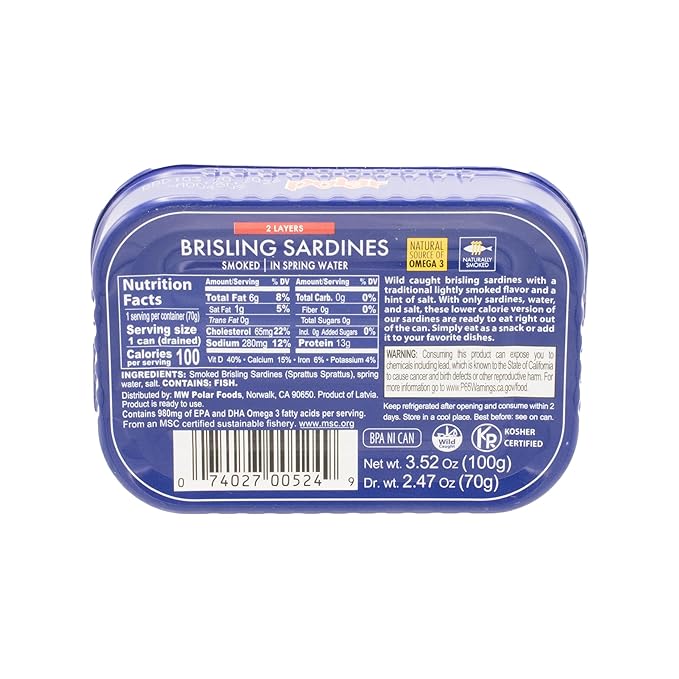 MW Polar Smoked Brisling Sardines in Spring Water, 3.52 oz Can, Wild Caught (Pack of 12)
