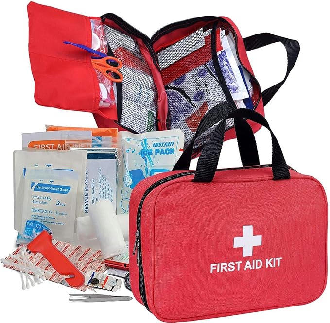 First Aid Kit - 230 Piece - for Car, Home, Travel, Camping, Office or Sports | Red Bag/Reflective Cross, Fully Stocked with Essential Supplies for Emergency and Survival