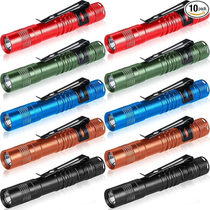 Hortsun 10 Pcs Mini Flashlight Bulk LED Pen with Pocket Small Flashlight with Clip for Outdoor Father's Day Gift for Men(3.54 Inch,Black, Brown, Green, Red, Blue)