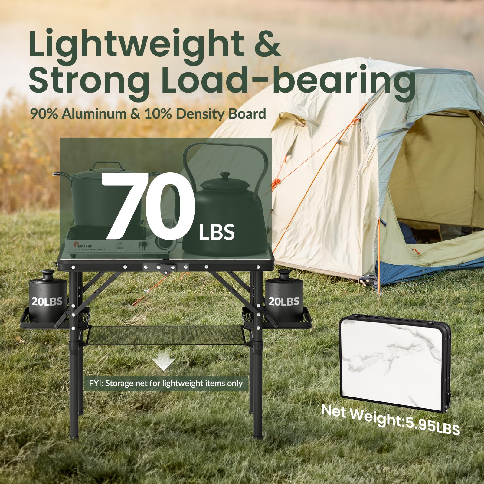 Titanker Small Camping Table Foldable 2ft, Folding Picnic Table with Side Racks & Net, Folding Camp