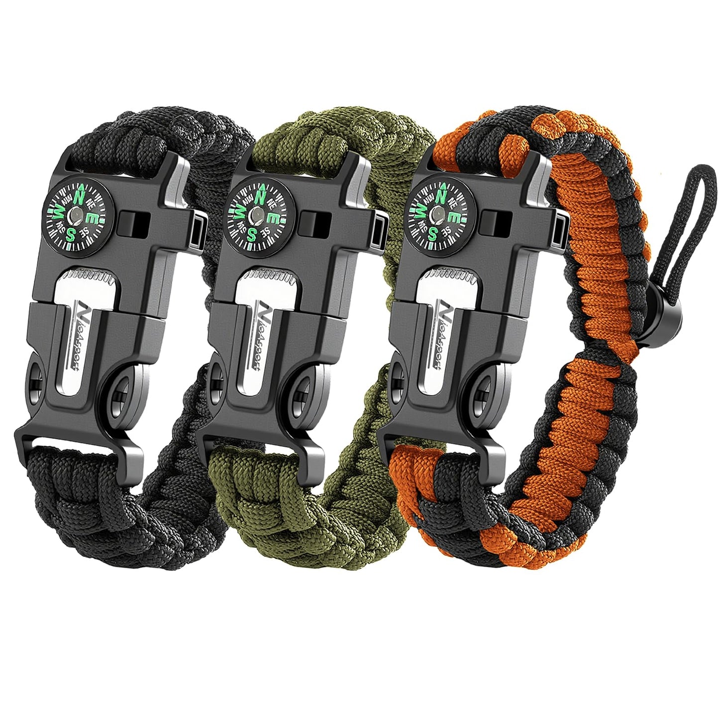 NVioAsport Paracord Survival Bracelet (3 Pack) - Adjustable with Fire Starter, Whistle, Compass