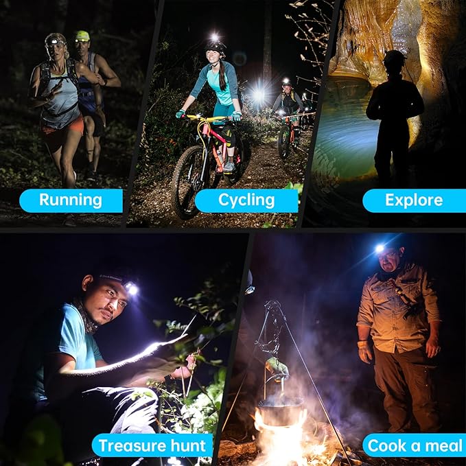 LED Rechargeable Headlamp, Headlight 1500 Lumens Super Bright with 6 Modes & IPX5 Warning Light, Motion Sensor Adjustable Headband Head Lamp, 60° Adjustable for Adult Outdoor Camping Running Cycling