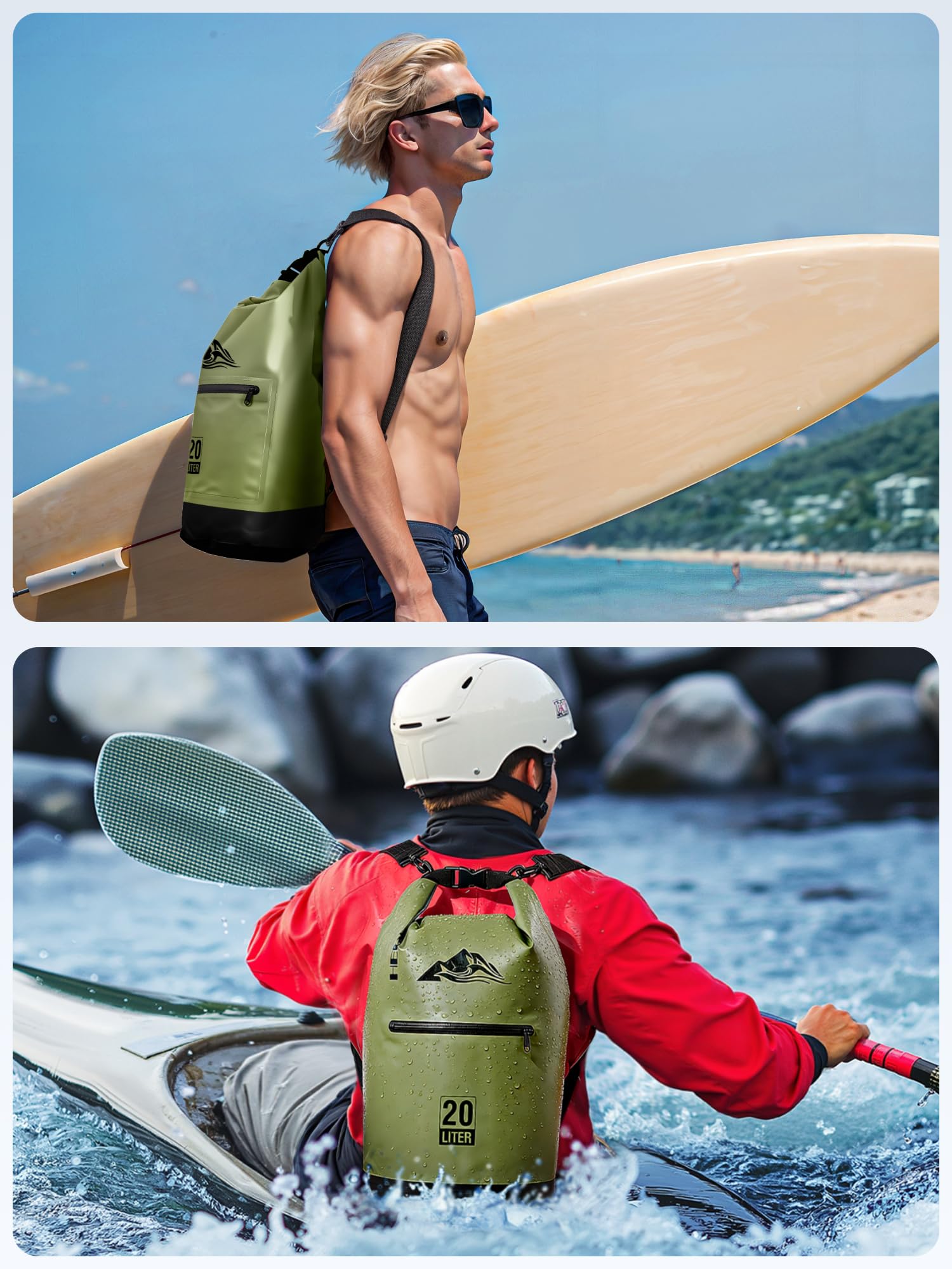 HEETA Waterproof Dry Bag Backpack with Zippered Pocket (Green, 10L)