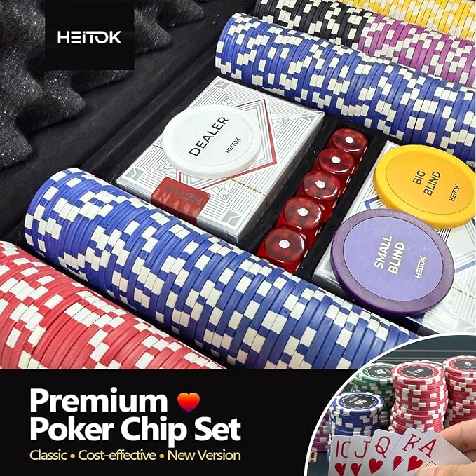 Poker Chips with Denominations, 300-pcs 11.5g Weighted Numbered Casino Chips Set, 5 Dice, 2 Decks with Compact Aluminum Case for Texas Hold'em, Blackjack, Age 8 and Plus