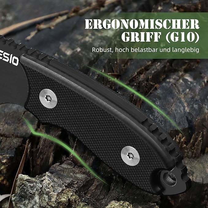 Omesio Neck Knife, 5.43" Neck Knife with Sheath and Necklace, Full Tang Small Mini Fixed Blad Knife with Clip D2 Steel 2.17-Inch Blade G10 Handle for Camping, Tactical (Black Handle + Black Blade)