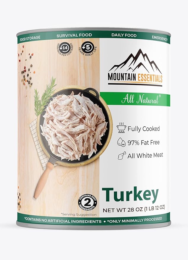 MOUNTAIN ESSENTIALS All Natural Canned Turkey 28 Oz – Fully Cooked, Ready to Eat White Meat – Pantry Staple for Daily Meals, Emergency, Survival & Camping – 5-Year Shelf Life – Made in USA – 12 Pack