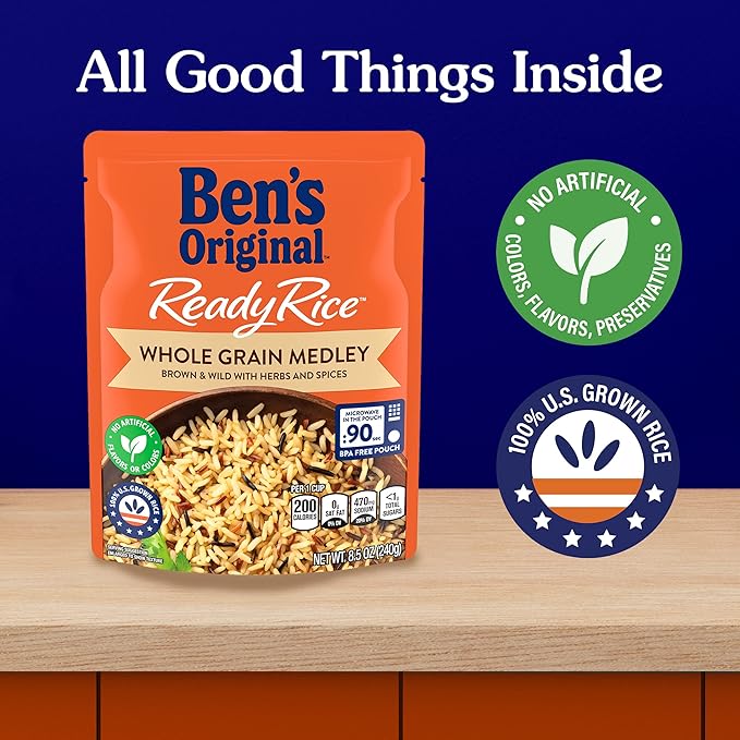 BEN'S ORIGINAL Ready Rice Whole Grain Medley Flavored Rice, Easy Dinner Side, 8.5 Oz Pouch (Pack of 12)