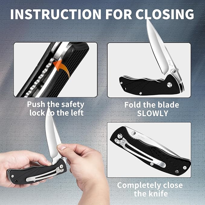 Vickay Pocket Knife for Men, Folding Knife with Clip, 3.74-inch 8Cr13MoV Steel Blade, G10 Handle EDC Knife for Outdoor Camping, Tactical, Hunting and Fishing Gift (Black)