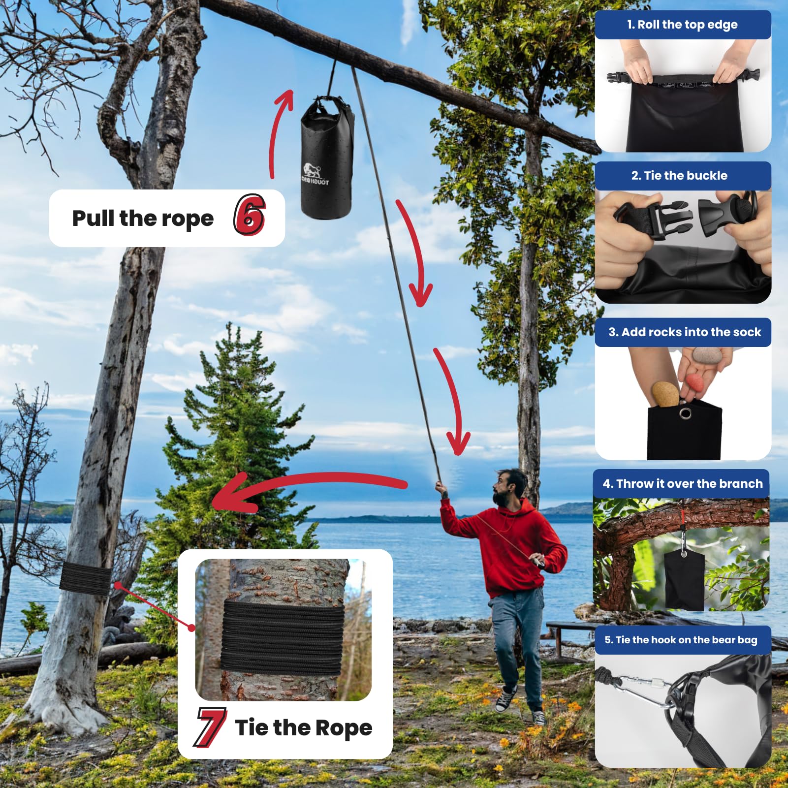 Tough Bison Bear Bag Hanging Kit - 10L Waterproof Bear Proof Food Storage Bag, 2 Straps, Rock Sack
