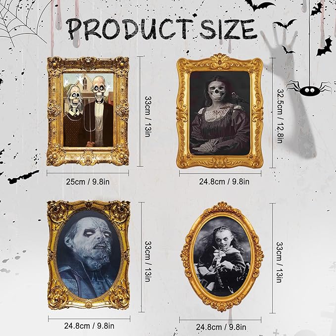 ECGER Halloween Decorations Indoor, Haunted Scary Decor - 3D Changing Face Pictures, Vintage Moving Wall Portraits Frame, For Horror Spooky Party Mansion Castle House Home Decoration(8 Pieces)
