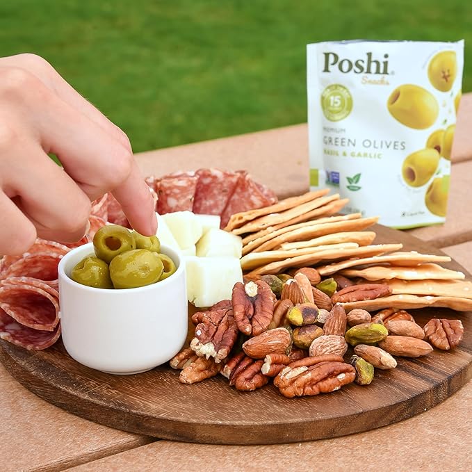POSHI Green Pitted Olives - Basil & Garlic | Vegan, Kosher, Gluten Free + Keto Friendly, Fresh, Low Calorie Healthy Snacks | (30 Pack, 1.1oz Bags)