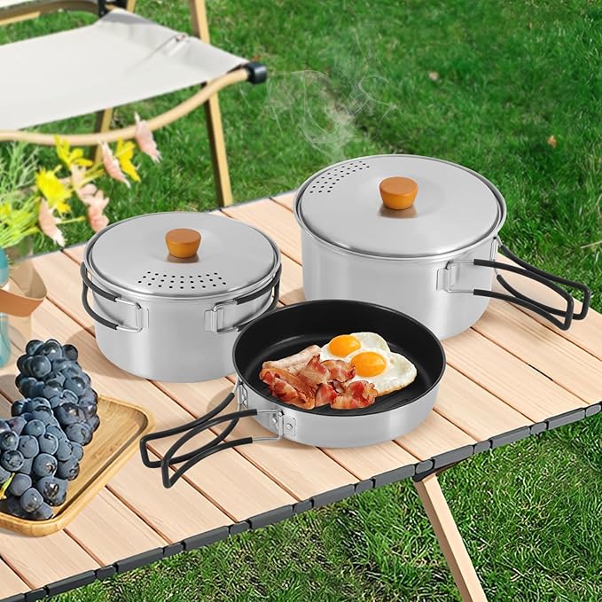 Portable Camping Cookware Set, 304 Stainless Steel Outdoor Camping Cooking Pots and Pans with Storage Bag, Outdoors Campfire Cook Cookware Equipment for Outdoor Camping Hiking Picnic for 2-3