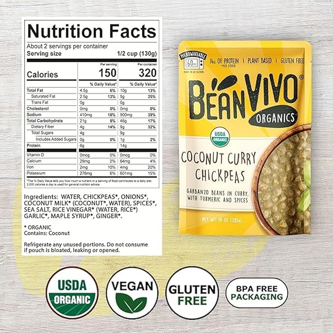 BeanVIVO (Pack of 12) Organics 14g Plant based Protein Coconut Curry Chickpeas - Good Source of Fiber - Nutritious & Microwave Meal - Gluten-Free Plant Food - 10 oz