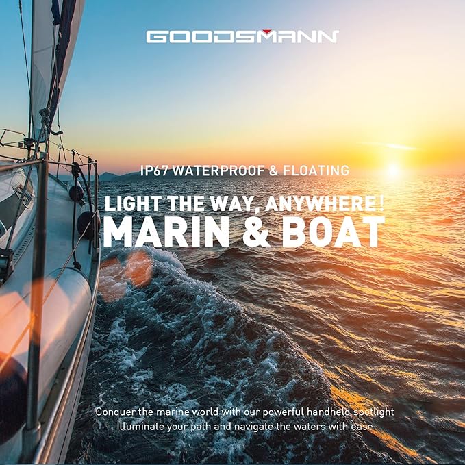 GOODSMANN Rechargeable Spotlight LED Portable Handheld Searchlight up to 6000 Lumen IP67 Waterproof Marine Spot Light for Hiking Boating Camping Hiking with EVA Carrying Case and Red Filter Lens