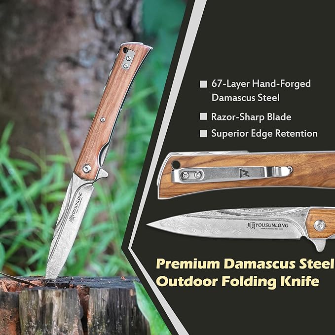 YOUSUNLONG Camping Folding Knife - Hammered Damascus Steel Blade - Italian Olive Wood Cover