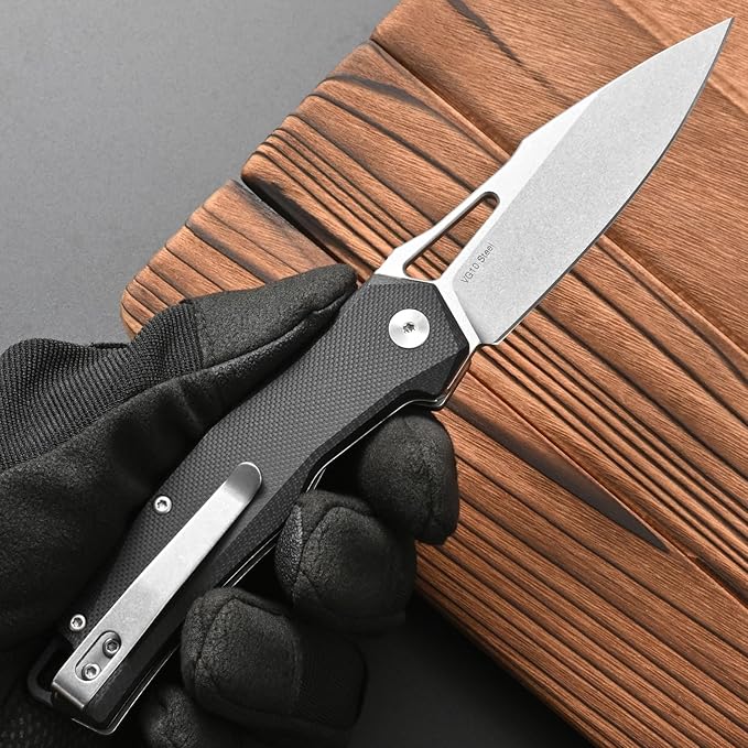 FF21 Folding Pocket Knife,VG10 Steel Blade G10 Handle Full Tang Knife for Outdoor Activities Camping Hunting Fishing(Black)