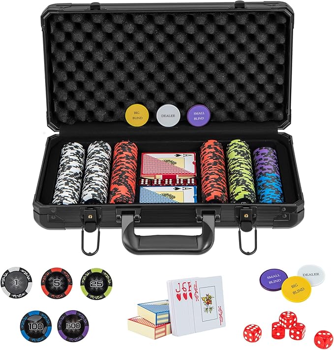 Goplus Poker Chip Set, 300 PCS/500 PCS 14 Gram Clay Poker Chips w/ Aluminum Case, Card Decks, Dealer Buttons, Dices, for Texas Holdem, Blackjack, Casino Gambling (300 PCS Chips Set)