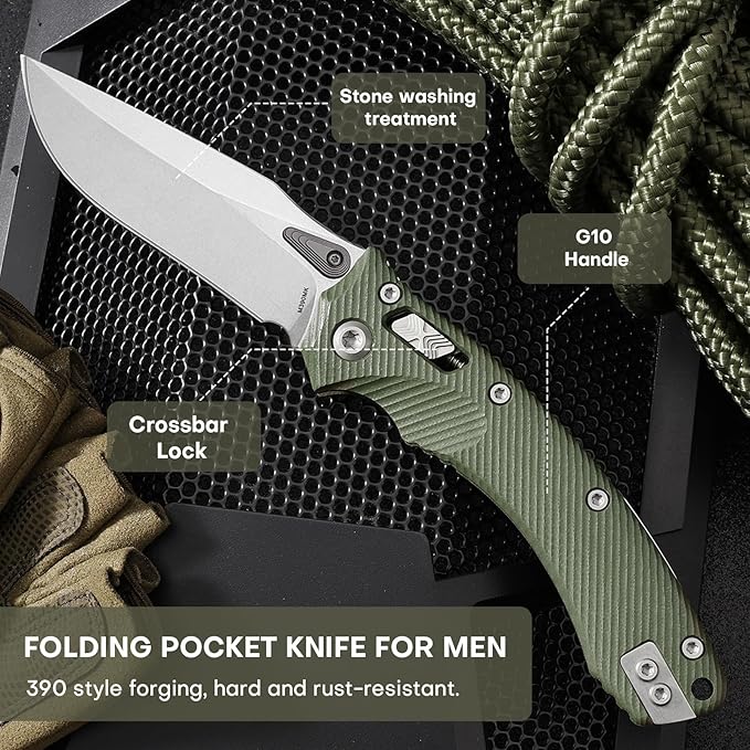Folding Pocket Knife for Men, M390 3.7" Blade with G10 Handle and Crossbar Lock, EDC Knife for Camping, Hiking, and Outdoor Everyday Carry (Green)