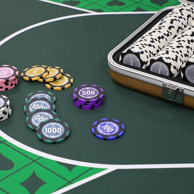 ORIENGEAR Poker Chip Set with Denominations 500 PCS with 14 Gram Numbered Clay Chips, Texas Hold?™em Casino Chip Sets with 2 Decks of Plastic Playing Cards, for Blackjack Gambling Games, Golden Case