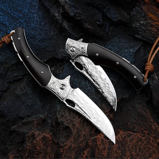 3.5 inch Japanese VG10 Damascus Steel Outdoor Folding Knife with Black Wood Handle, Lined Lock, EDC & Camping Use