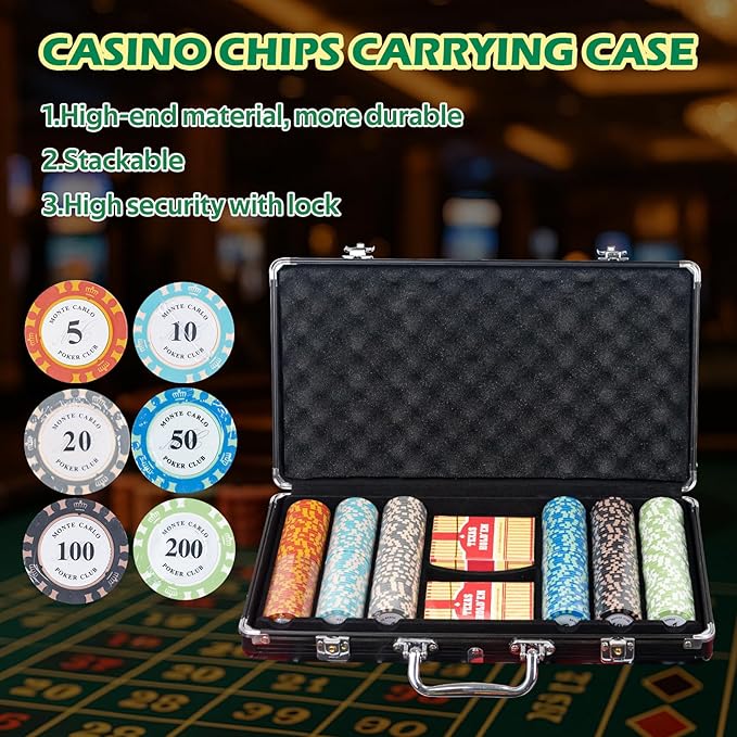 5 in 1 Super Pro Casino Game Set: Blackjack/Texas Hold'em/Roulette/Craps/Poker Kit, 10" Wooden Roulette Wheel, Carrying Case with 300 Clay Chips, 6 Deck Shuffler, 2 Double-Sided Rubber Mat And More