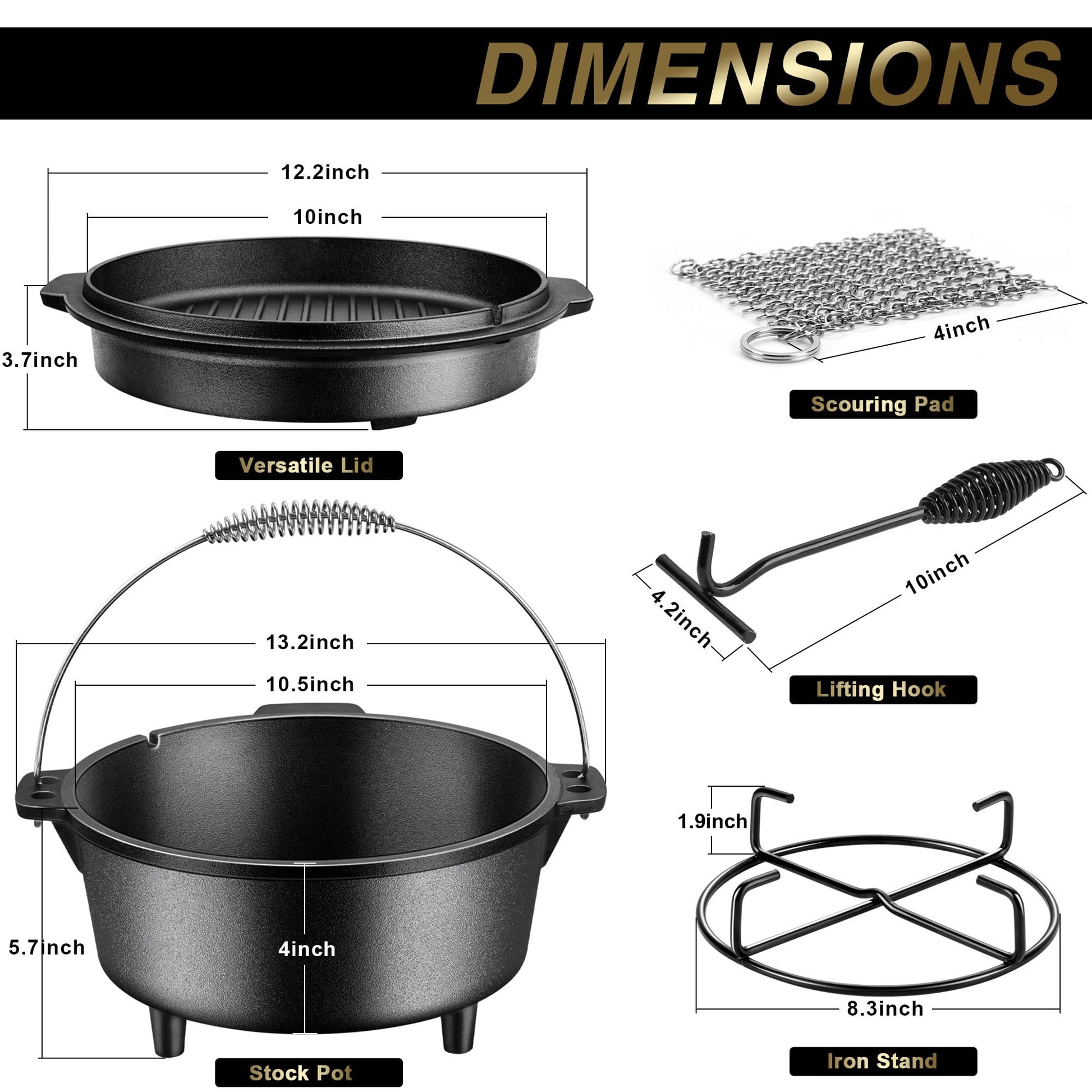 Joyfair Pre-seasoned Cast Iron Camp Dutch Oven with Accessories, 5QT Pot