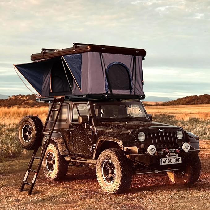 Rooftop Tent Hard Shell - Outdoor Car Camping 2-3 Person Truck, Sedan, SUV, Waterproof, Teardrop, Windproof, Sturdy, Easy Up Roof for SUV Road Trip Essentials Overland, Large, Black (Upgraded version)