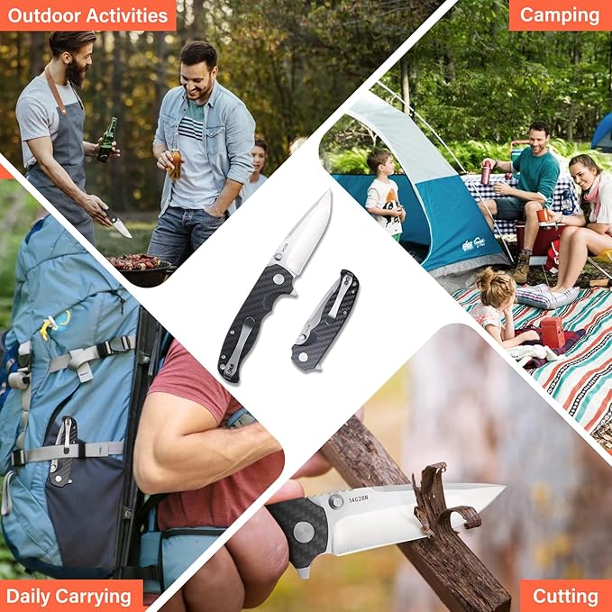 Men's Folding Pocket Knife – 3.4" Sandvik 14C28N Blade Carbon Fiber Handle Ceramic Bearings Liner Lock Deep Pocket Clip – EDC Knife for Outdoor Hiking Survival Use