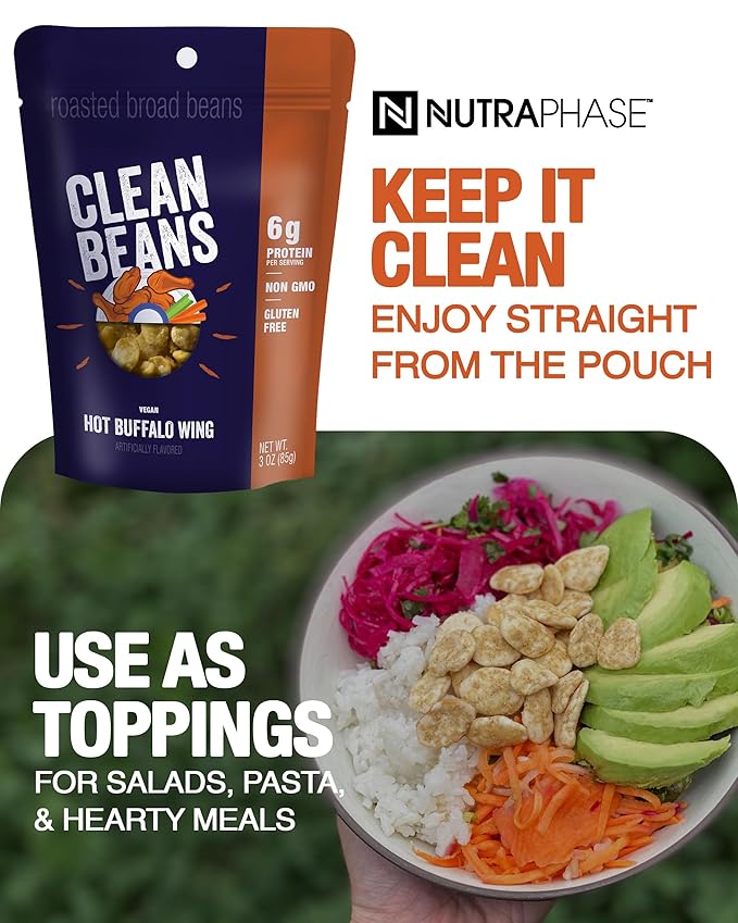 Clean Beans Broad Fava Beans Snack - Hot Buffalo Wing Flavor, 6g Protein, Low Sugar, Non-GMO, Non-Gluten - On The Go Office Snack - Nutraphase, 85g x 6-Count