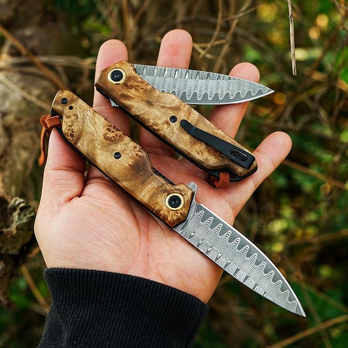 VNLA Damascus Folding Pocket Knife,Handmade knife,Forged Damascus Steel Blade,handle made of maple Wood leaf.with Reversible Pocket Clip,Suitable for Hiking carry EDC